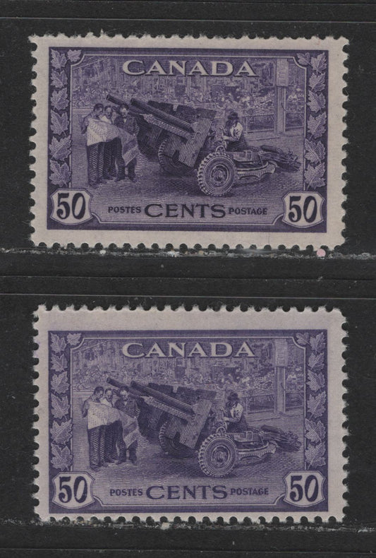 Lot 522 Canada #261 50c Dark Purple Violet & Dull Bluish Violet Munitions Factory, 1942-1949 War Issue, 2 Fine OG & NH Singles On Horizontal Ribbed & Crisp Vertical Wove Paper With No Mesh, Semi-Gloss Cream Gum