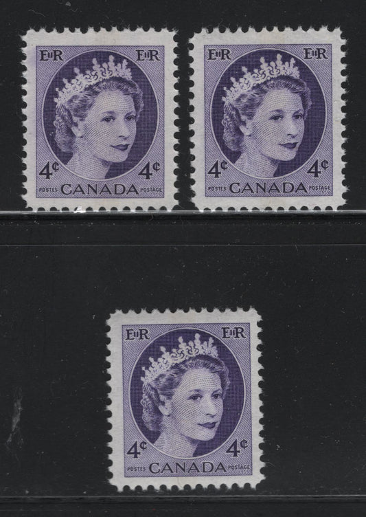 Canada #340p 4c Violet & Dark Violet Queen Elizabeth II, 1954-1962 Wilding Issue, 3 VFNH Singles Near Invisible Winnipeg Tag That Glows Bluish White Under Shortwave UV, On DF1 Greyish Vertical Ribbed & Smooth Papers, Semi-Gloss Gum