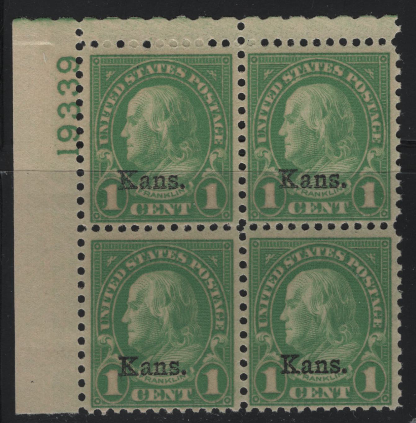 Lot 523 United States Of America #658 1c Yellow Green Benjamin Franklin, 1929 Kans. Overprints On 4th Bureau Definitive Issue, A Fine NH UL Plate 19339 Block