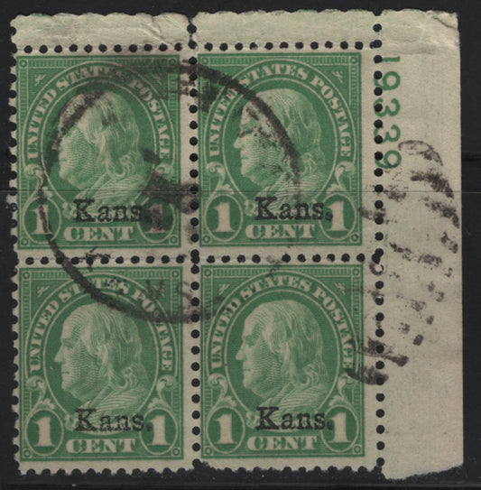 Lot 524 United States Of America #658 1c Yellow Green Benjamin Franklin, 1929 Kans. Overprints On 4th Bureau Definitive Issue, A VG Used UR Plate 19339 Block Perf. Separation Between Two Left Stamps