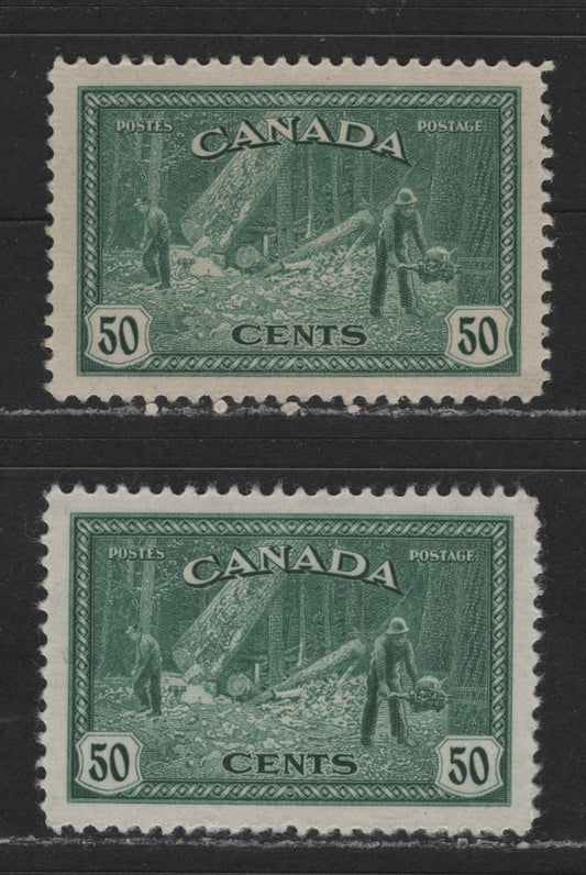 Lot 524 Canada #272 50c Deep Bluish Green Logging, 1946-1951 Peace Issue, 2 VFOG Singles Two Different Printings, One On Yellowish Horizontal Ribbed Paper, With Yellowish Cream Gum & Other On Soft Vertical Wove With Cream Gum