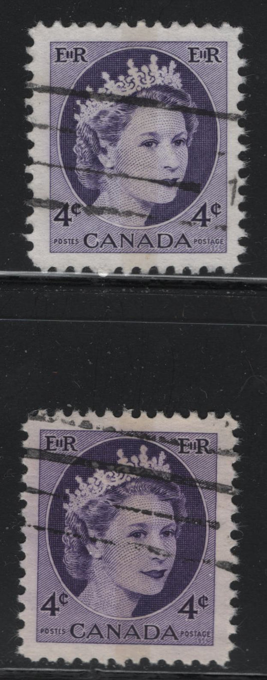 Canada #340p 4c Violet & Deep Bright Violet Queen Elizabeth II, 1954-1962 Wilding Issue, 2 VF Used Singles Light Yellowish Winnipeg Tag On DF1 Greyish Vertical Ribbed Paper