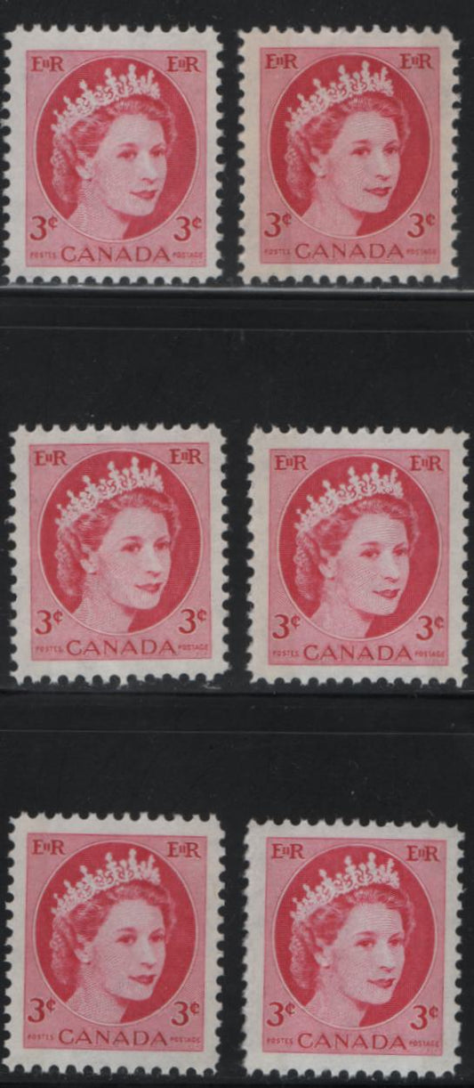 Canada #339p 3c Cerise & Bright Cerise Queen Elizabeth II, 1954-1962 Wilding Issue, 6 Fine & VFNH Singles All Winnipeg Tagged, Slightly Different Papers