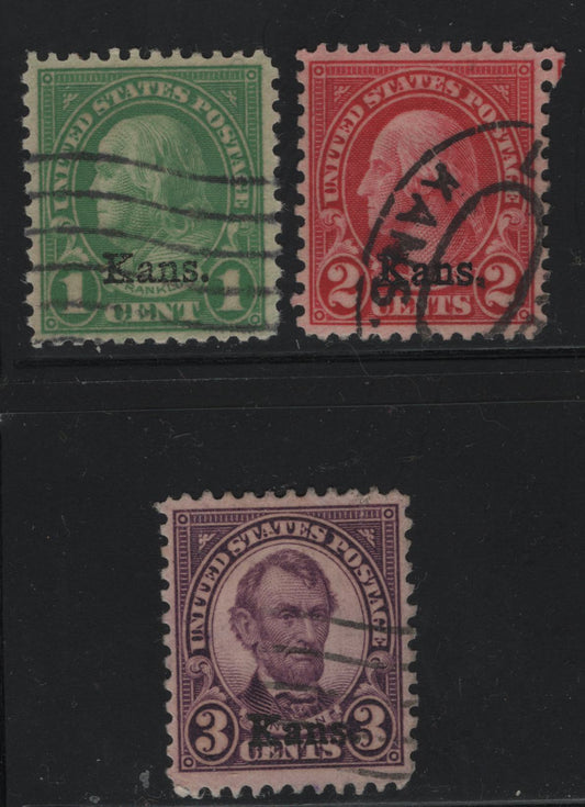 Lot 525 United States Of America #658, 660, 661 1c-3c Yellow Green - Violet Benjamin Frankin - Abraham Lincoln, 1929 Kans. Overprints On 4th Bureau Definitive Issue, 3 VF Used Singles