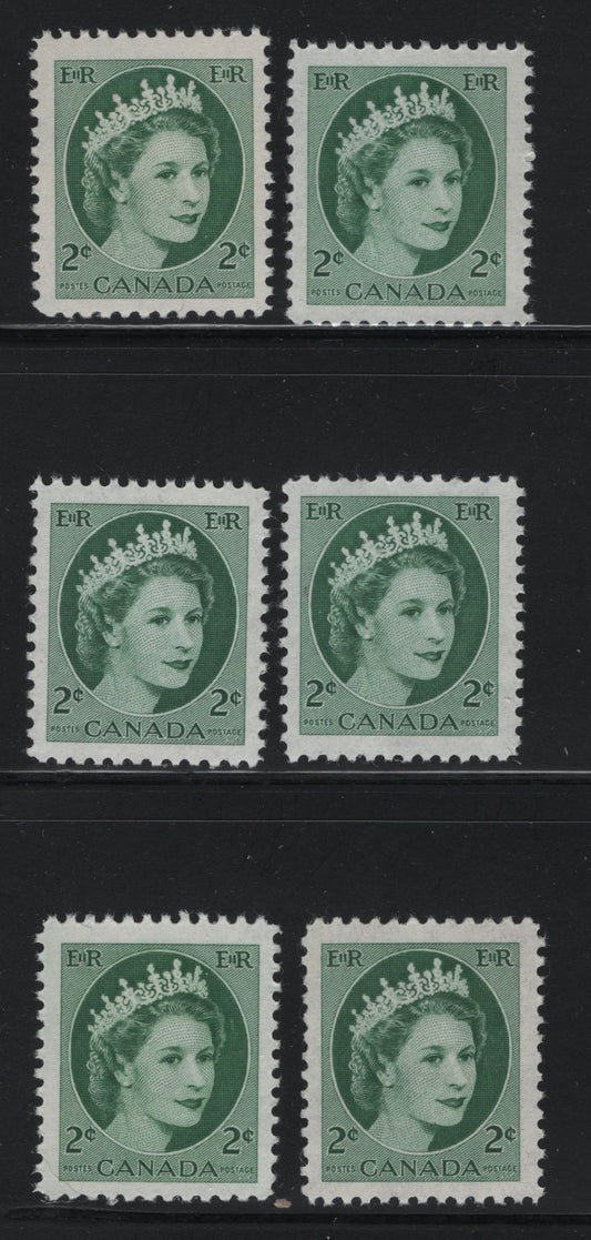 Lot 526 Canada #338 2c Green Queen Elizabeth II, 1954-1962 Wilding Issue, 6 VFNH Singles On DF1 Greyish White Smooth/Ribbed Papers, Streaky Satin & Semi-Gloss Gums, Various Shades