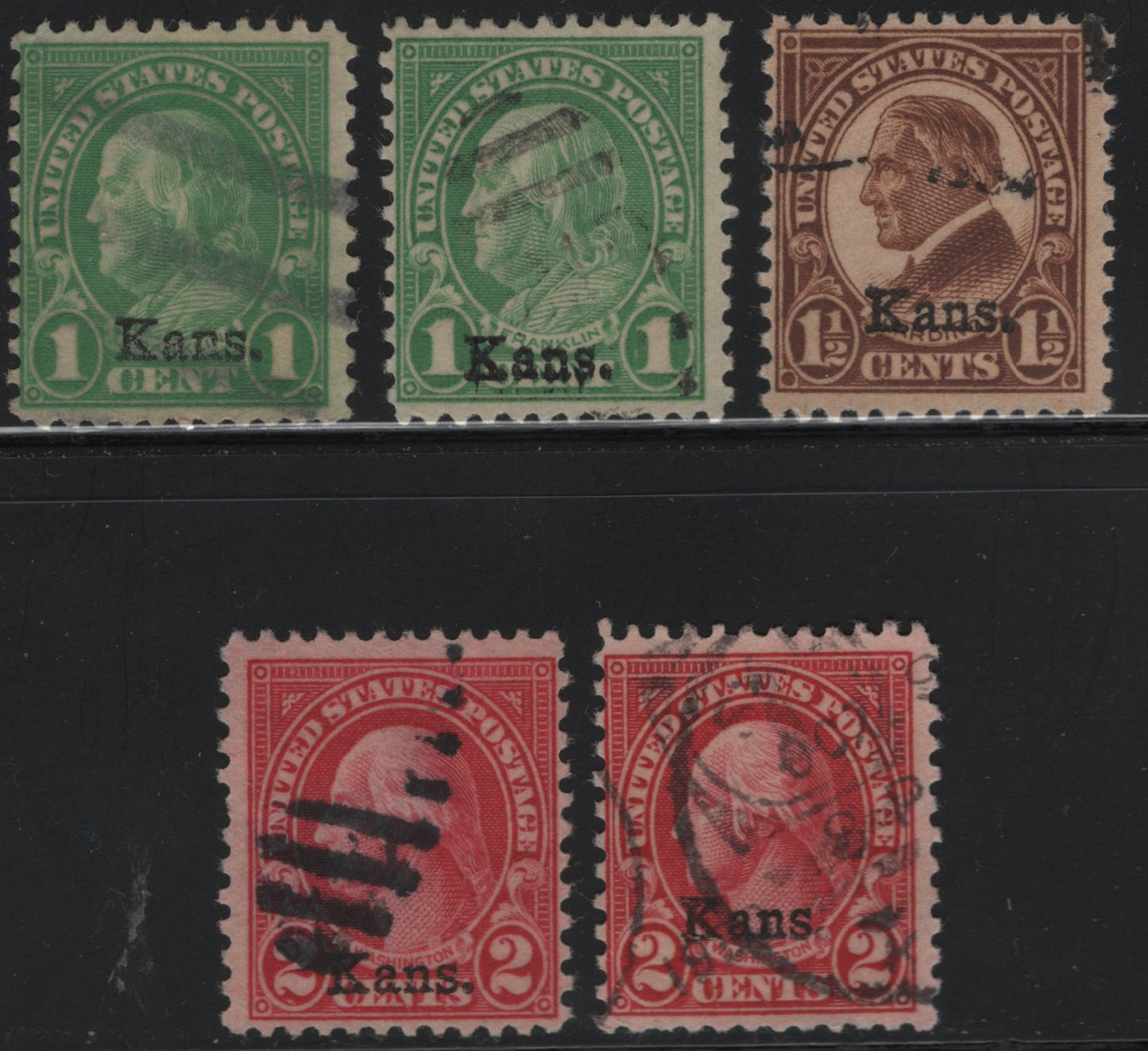 Lot 526 United States Of America #659-660 1c-2c Yellow Green - Carmine Red Benjamin Franklin - George Washington, 1929 Kans. Overprints On 4th Bureau Definitive Issue, 5 Fine Used Singles Including Two Shades Each Of 1c and 2c