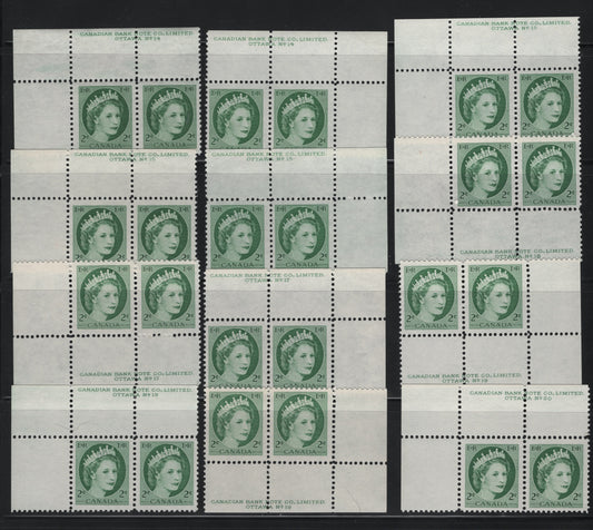 Lot 527 Canada #338iv 2c Green & Light Green, 1954-1962 Wilding Issue, 12 Fine & VFNH Plate 14-15, 17-20 Pairs On DF1 Greyish White Horizontal Wove Paper With and Without Visible Ribbing On The Gummed Side, Smooth & Streaky Satin & Semi-Gloss Gums