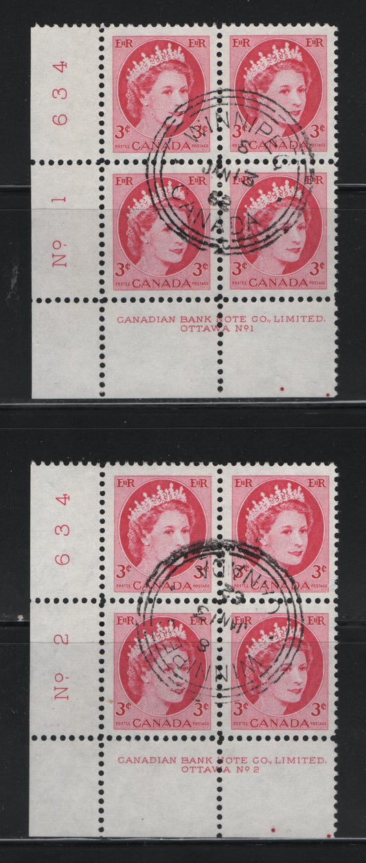 Lot 527 Canada #339p 3c Cerise Queen Elizabeth II, 1954-1962 Wilding Issue, 2 VF Used LL Plate 1 & 2 Blocks Winnipeg Tagged, With Triple Orb Winnipeg First Day Cancels, DF2 Greyish White Paper