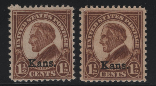 Lot 527 United States Of America #659 1.5c Yellow Brown Warren G. Harding, 1929 Kans. Overprints On 4th Bureau Definitive Issue, 2 Fine NH & VFNH Singles Two Different Shades