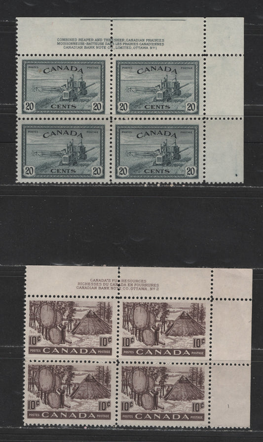 Lot 527 Canada #271, 301 10c, 20c Greenish Slate & Purple Brown Combine Harvester, Drying Furs, 1946-1951 Peace & Natural Resources Issues, 2 Fine & VFNH UR Plate 1 & 2 Blocks On Horizontal Ribbed Paper With Semi-Gloss Cream Gum