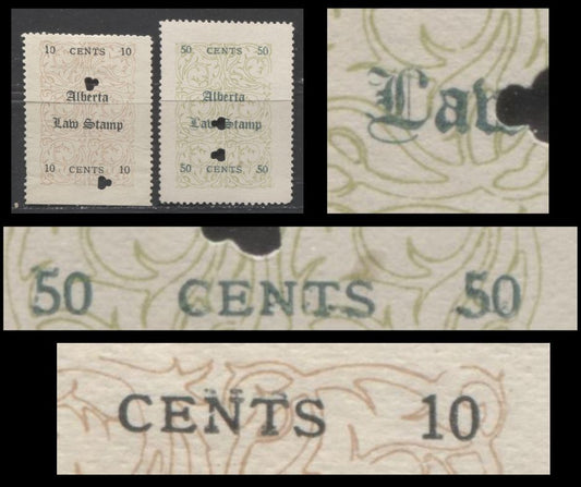 Lot 527 Province of Alberta #AL4a, AL12 10c, 50c Brown & Black, Green & Dark Green Floral Pattern, 1907 Law Issue, 2 Fine & VF Used Singles Slight Doubling Of "Cents"