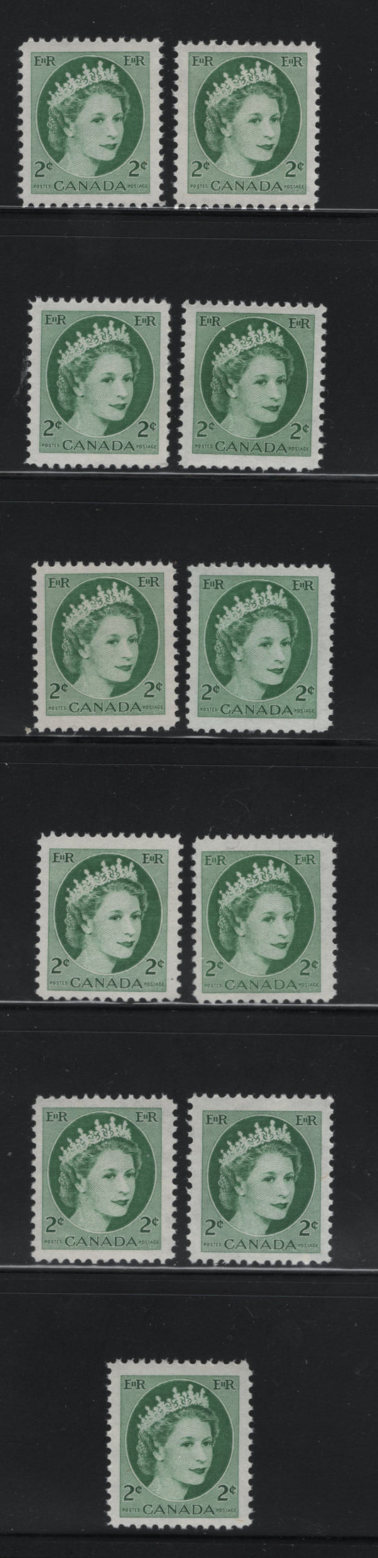 Lot 528 Canada #338iv 2c Green Queen Elizabeth II, 1954-1962 Wilding Issue, 11 Fine & VFNH Singles On DF1 Greyish White Horizontal Wove Paper With and Without Visible Ribbing On The Gummed Side, Smooth & Streaky Satin & Semi-Gloss Gums