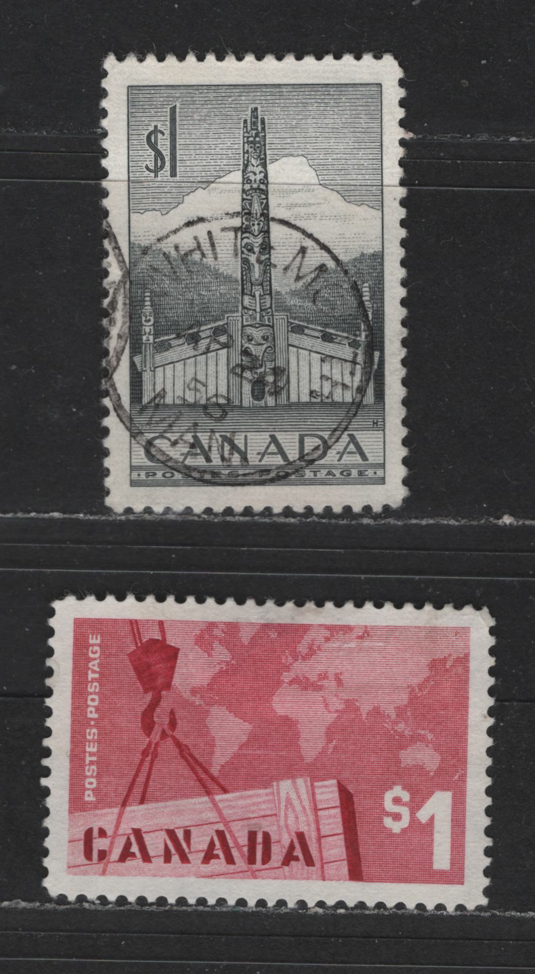 Lot 528 Canada #321, 411 1 Grey Black & Rose Carmine Totem Pole & Crane & Exports, 1953-1967 Karsh & Cameo Issues, 2 VF Used Singles DF Horizontally & Vertically Ribbed Papers, April 24, 1956 Whitemouth, MB, CDS Cancel On $1 Totem Pole