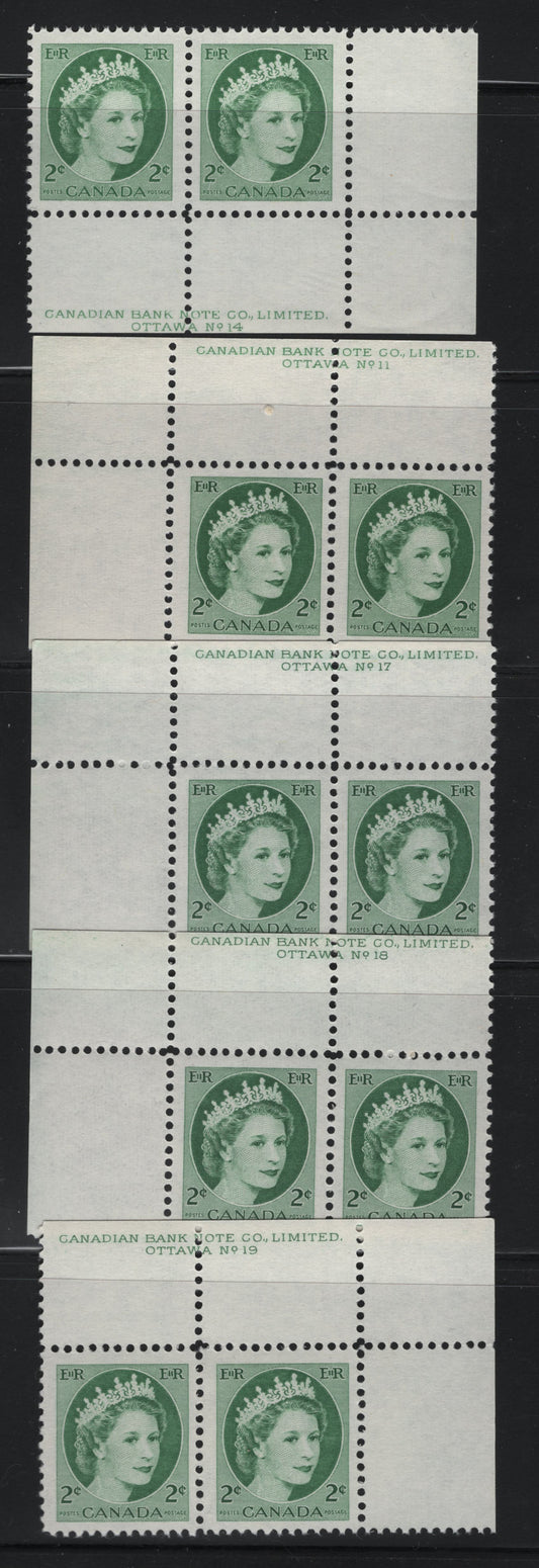 Lot 529 Canada #338iv 2c Green, Dull Green & Bright Green Queen Elizabeth II, 1954-1962 Wilding Issue, 5 Fine & VFNH Plate 11, 14, 17-19 On DF1 Greyish White Horizontal Wove Paper With Vertical Ribbing On The Gum Side, Smooth & Streaky Semi-Gloss Gums