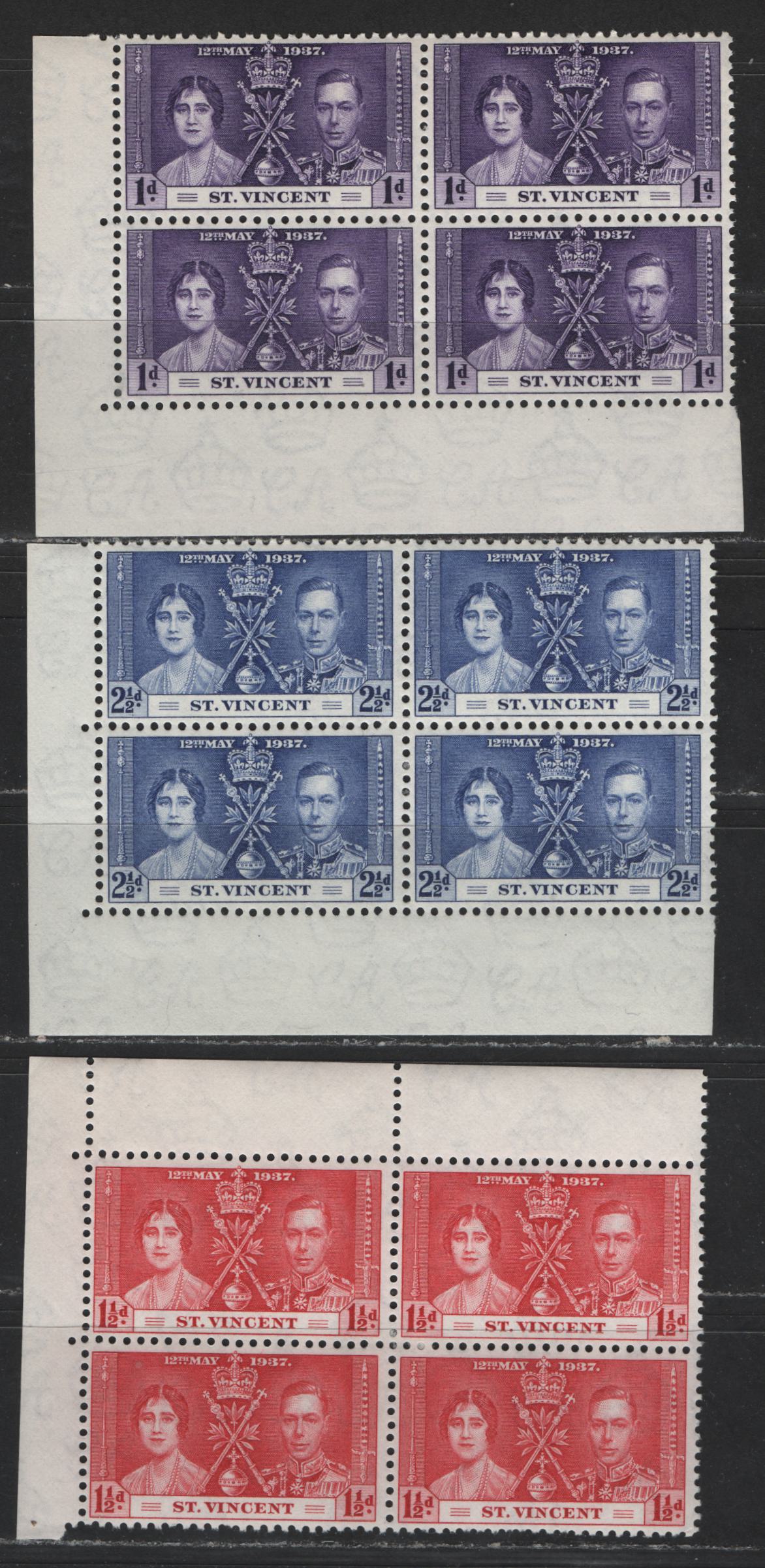 Lot 529 St. Vincent #138-140 1d-2.5d Violet - Dull Ultramarine King George VI & Queen Elizabeth, 1937 Coronation Issue, 3 VFOG/NH Corner Blocks Scarce, As Most Were Broken Up