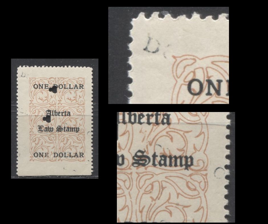 Lot 529 Province of Alberta #AL16var $1 Brown & Black Floral Pattern, 1907 Law Issue, A VF Used Single Additional Impressions of "One Dollar" Printed Diagonally Across