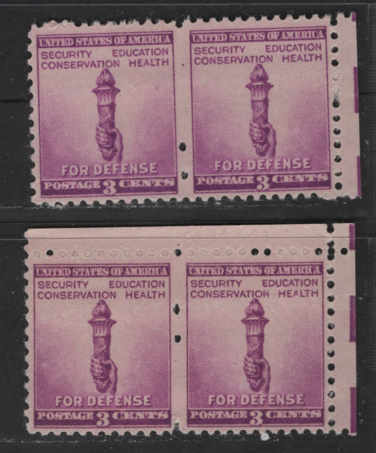 Lot 530 United States Of America #901avar 3c Bright Mauve & Deep Mauve Torch Of Enlightenment, 1940 National Defense Issue, 2 VFNH Pairs Nearly Imperf Between - Only 2 Perforation Holes Between Stamps In Both Pairs