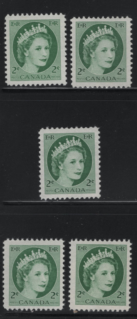 Lot 530 Canada #338iv 2c Green, Dull Green & Bright Green Queen Elizabeth II, 1954-1962 Wilding Issue, 5 Fine & VFNH Singles On DF1 Greyish White Horizontal Wove Paper With Vertical Ribbing On The Gum Side, Smooth & Streaky Semi-Gloss Gums