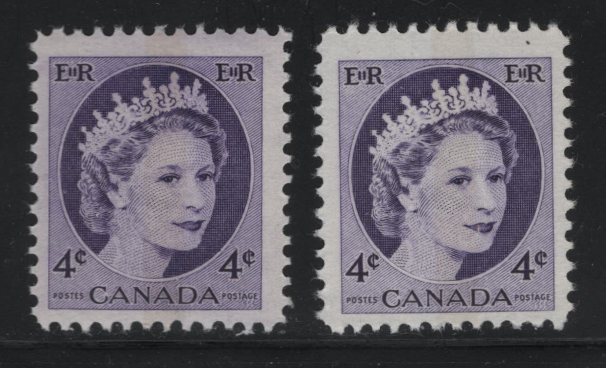 Canada #340p 4c Violet & Dull  Violet Queen Elizabeth II, 1954-1962 Wilding Issue, 2 Fine NH Singles Light Yellowish Winnipeg Tag On DF2 Greyish Smooth, Horizontal Wove Paper, Smooth, Semi-Gloss Gum