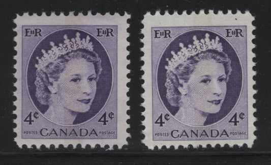 Canada #340p 4c Violet & Dull  Violet Queen Elizabeth II, 1954-1962 Wilding Issue, 2 Fine NH Singles Light Yellowish Winnipeg Tag On DF2 Greyish Smooth, Horizontal Wove Paper, Smooth, Semi-Gloss Gum