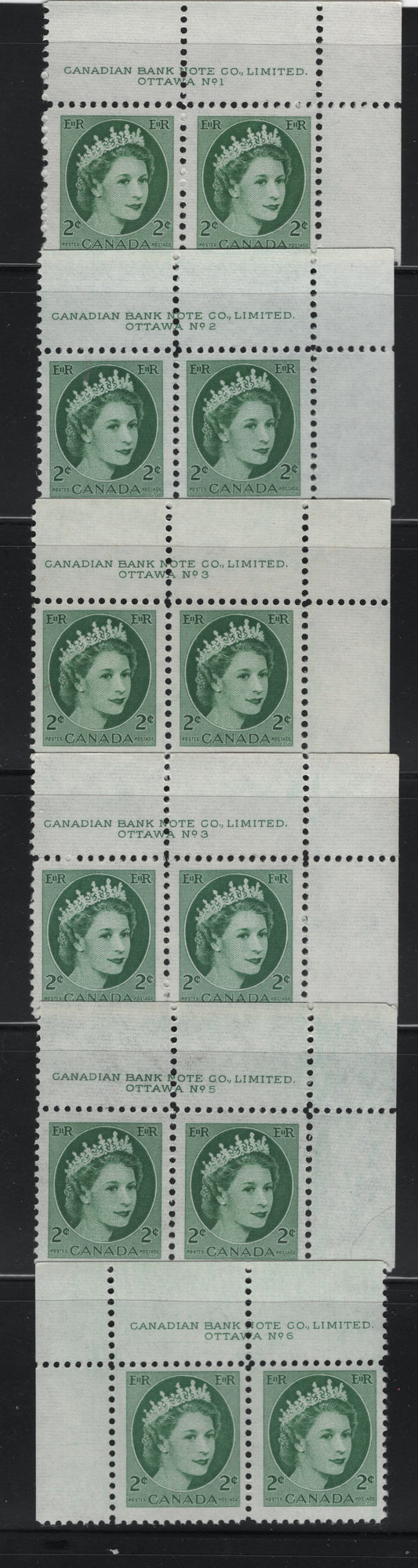 Lot 531 Canada #338 2c Green, Light Green, Deep Green Queen Elizabeth II, 1954-1962 Wilding Issue, 6 Fine & VFNH Plates 1-3, 5-6 Pairs On DF2 Bluish Greyish White Ribbed/Ribbed Paper, Smooth & Streaky Semi-Gloss Gums