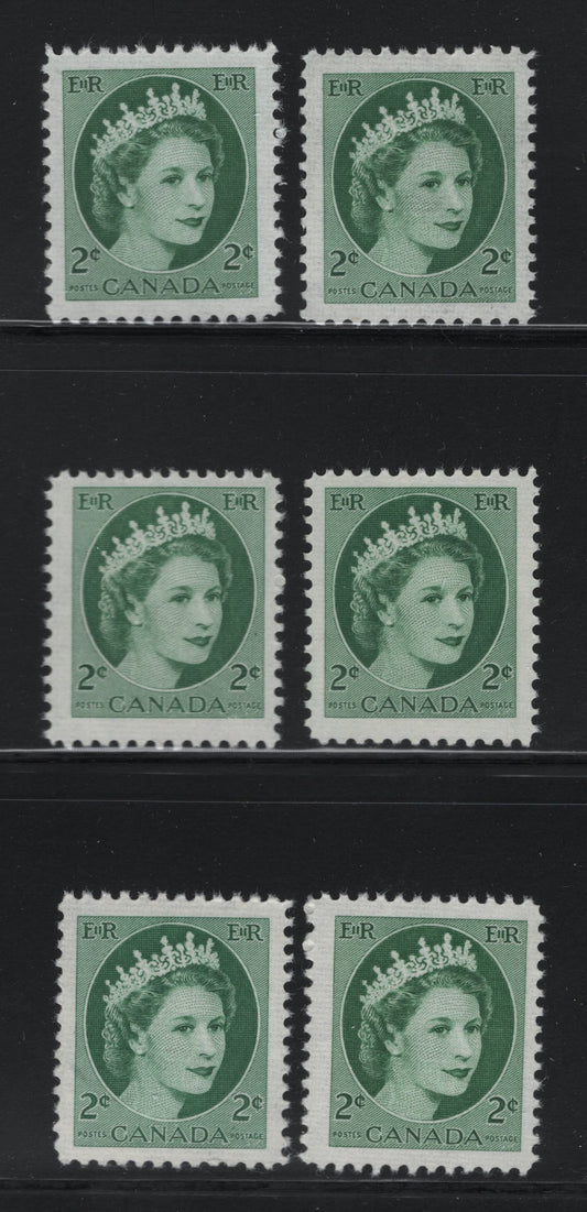 Lot 532 Canada #338 2c Green, Light Green, Deep Green Queen Elizabeth II, 1954-1962 Wilding Issue, 6 VFNH Singles On DF2 Bluish Greyish White Ribbed/Ribbed Paper, Smooth & Streaky Semi-Gloss Gums