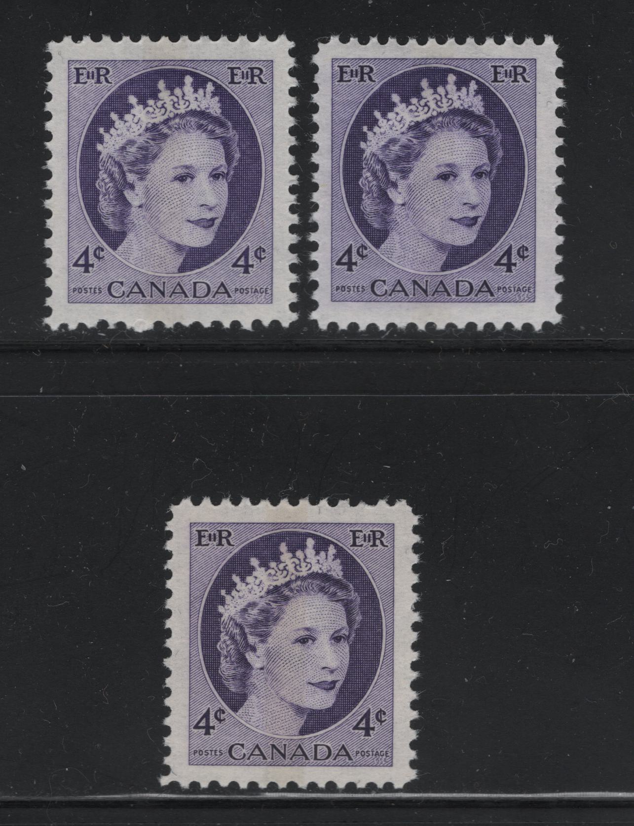 Canada #340p 4c Violet, Bluish Violet & Deep Bright Violet Queen Elizabeth II, 1954-1962 Wilding Issue, 3 VFNH Singles Very Light Winnipeg Tagging On DF2 Greyish Vertically Ribbed Paper With Semi-Gloss Cream Gum