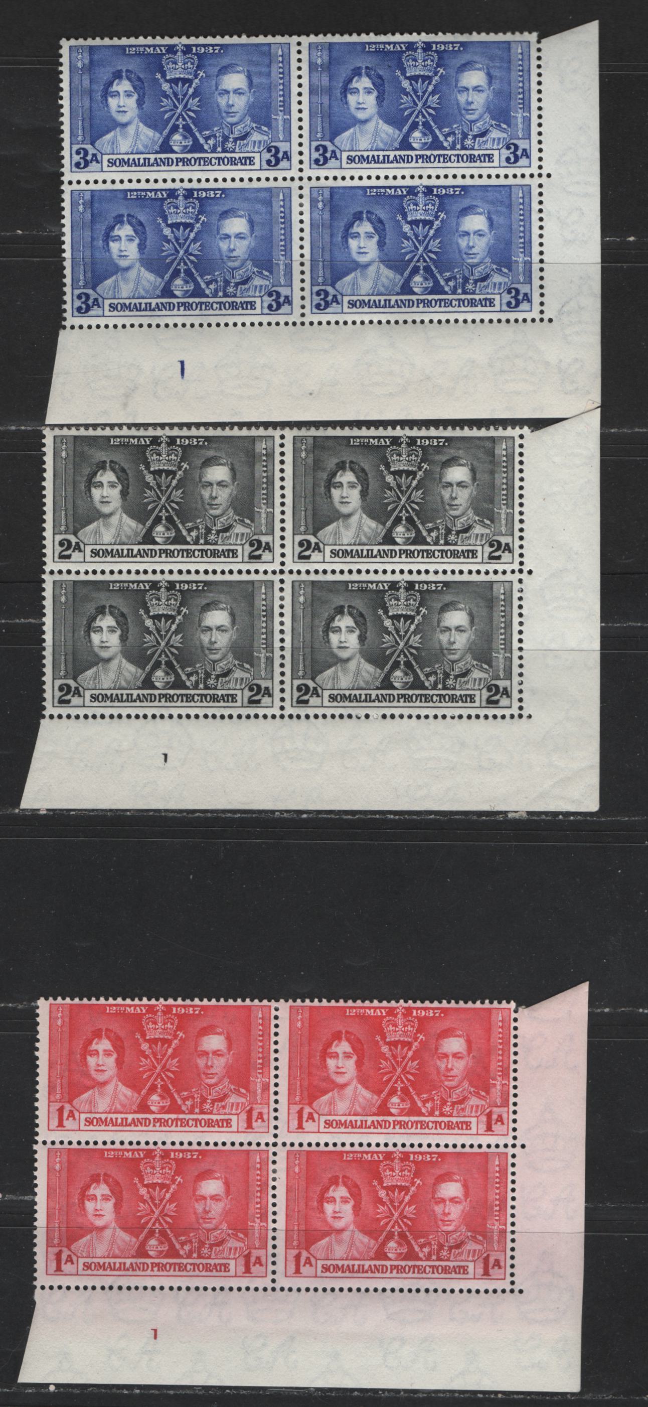 Lot 533 Somaliland Protectorate #81-83 1a-3a Red - Bright Ultramarine King George VI & Queen Elizabeth, 1937 Coronation Issue, 3 Fine & VFOG/NH Corner Blocks Scarce, As Most Were Broken Up