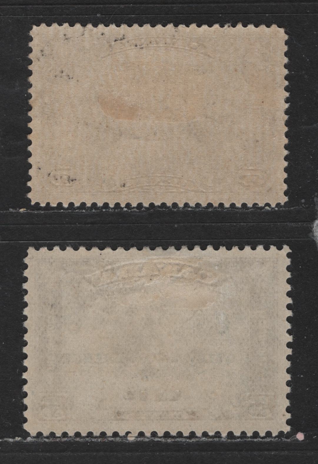 Lot 533 Canada #C1var, C4var 5c, 6c On 5c Olive Brown & Deep Olive Brown Winged Figures & Mercury & Globe, 1928-1932 Scroll & Arch Issue Airmails, 2 VFOG Singles With Unlisted Varieties: Extended Frameline At UL & Die Flaw To Right Of A Of Canada