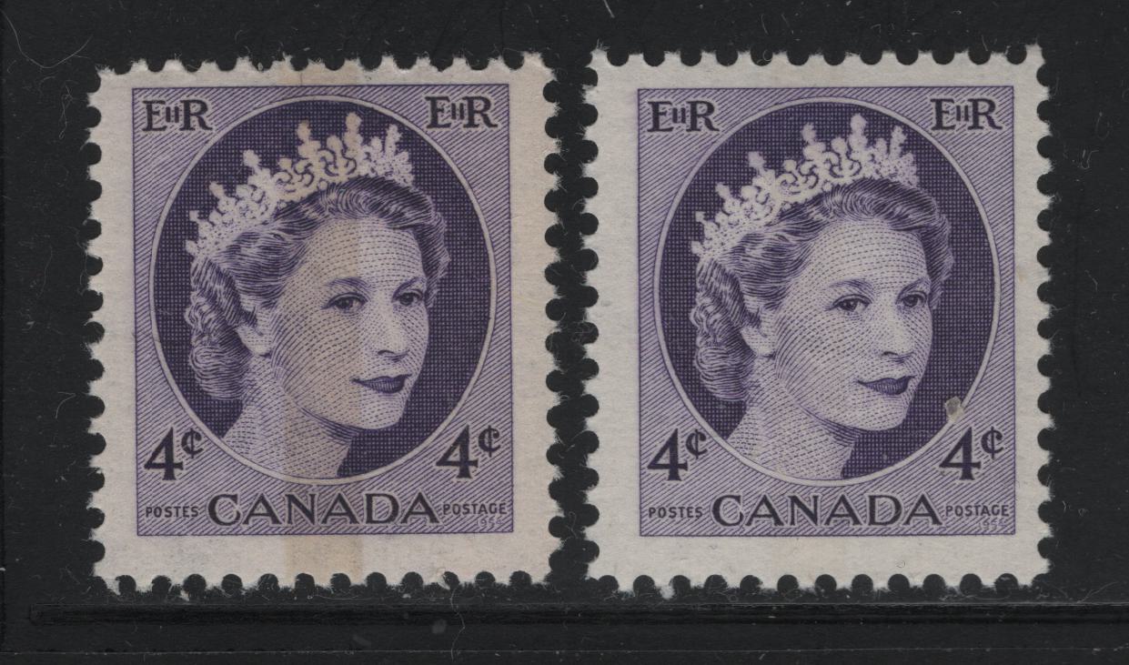 Canada #340p 4c Dark Violet Queen Elizabeth II, 1954-1962 Wilding Issue, 2 Fine NH Singles Very Light & Yellowish Winnipeg Tagging On DF2 Ivory Vertically Ribbed Paper, Smooth, Semi-Gloss Yellowish Gum