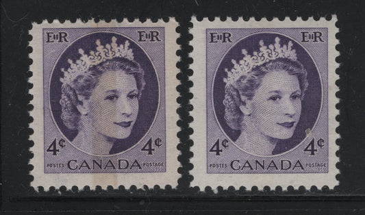 Canada #340p 4c Dark Violet Queen Elizabeth II, 1954-1962 Wilding Issue, 2 Fine NH Singles Very Light & Yellowish Winnipeg Tagging On DF2 Ivory Vertically Ribbed Paper, Smooth, Semi-Gloss Yellowish Gum
