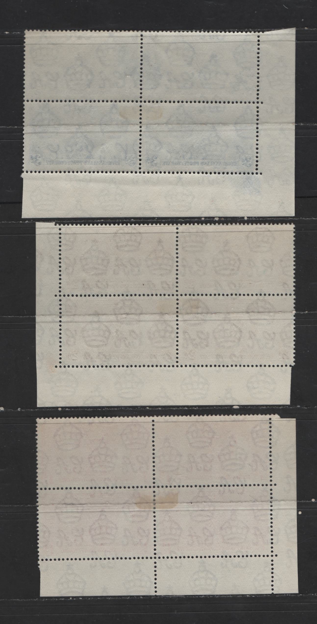 Lot 112 Bechanaland Protectorate #121-123 1d-3d Carmine Red - Bright Ultramarine King George VI & Queen Elizabeth, 1937 Coronation Issue, 3 VFOG/NH LL Corner Block Scarce, As Most Were Broken Up, 1d With Cutting Guideline In LL Corner