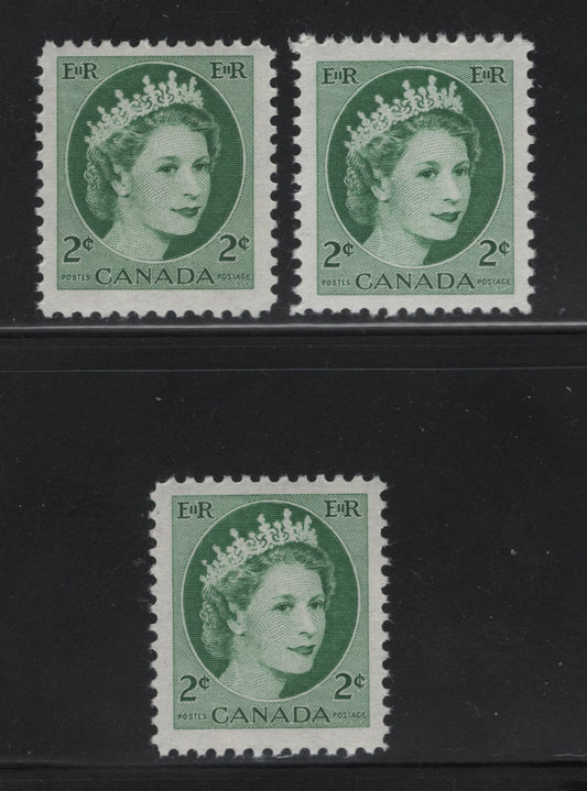 Lot 535 Canada #338iv 2c Green & Bright Green Queen Elizabeth II, 1954-1962 Wilding Issue, 3 VFNH Singles On DF2 Bluish Greyish White Horizontal Wove Paper, Smooth Satin Gum  & Both Streaky & Smooth Semi-Gloss Gum, No Visible Ribbing