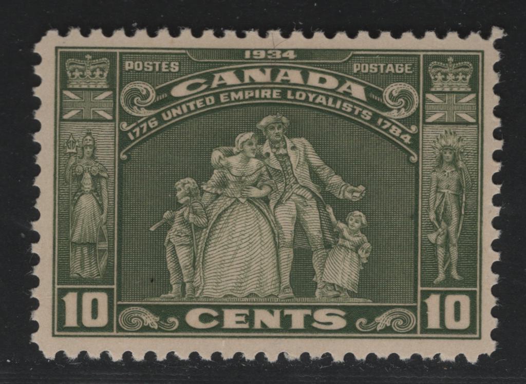 Canada #209var 10c Olive Green Loyalists Statue, 1934 United Empire Loyalists Issue, A VFOG Single On Orangy Toned Paper, Orangy Cream Semi-Gloss Gum