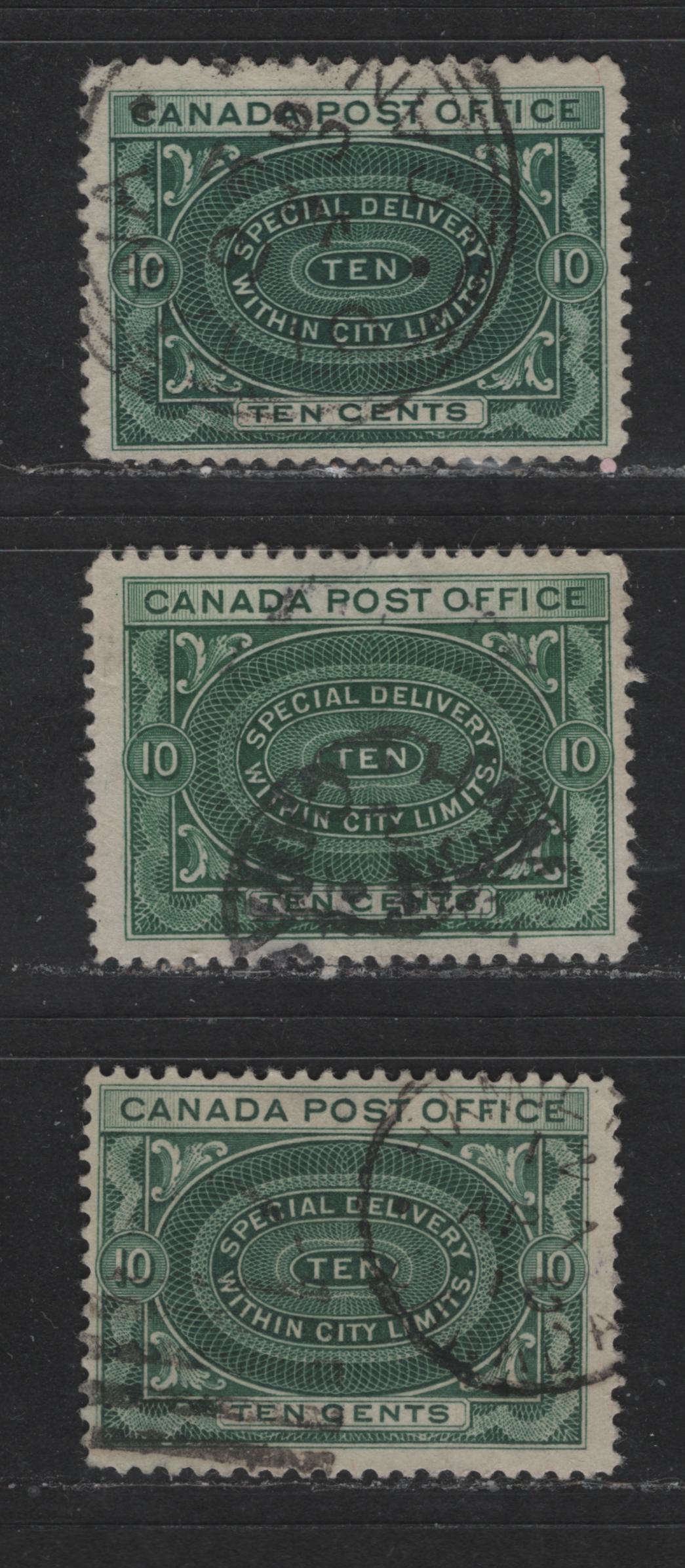 Lot 537 Canada #E1, E1a, E1b 10c Blue Green, Deep Green & Deep Yellow Green Engine Turned Pattern, 1898-1922 First Special Delivery Issue, 3 Fine Used Singles On Horizontal & Vertical Wove Papers