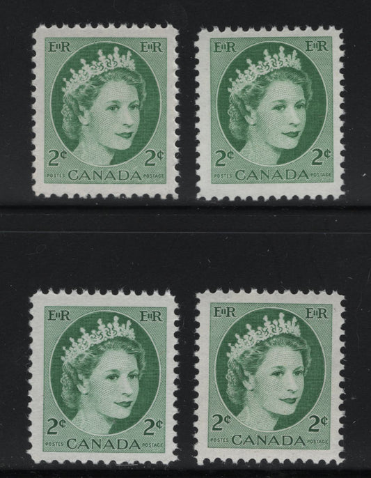 Lot 537 Canada #338iv 2c Light Green, Bright Green & Light Bright Green Queen Elizabeth II, 1954-1962 Wilding Issue, 4 VFNH Singles On DF2 Bluish Greyish White, Horizontal Wove Paper With Vertical Ribbing, Streaky & Smooth Semi-Gloss Gum, Smooth Satin Gum