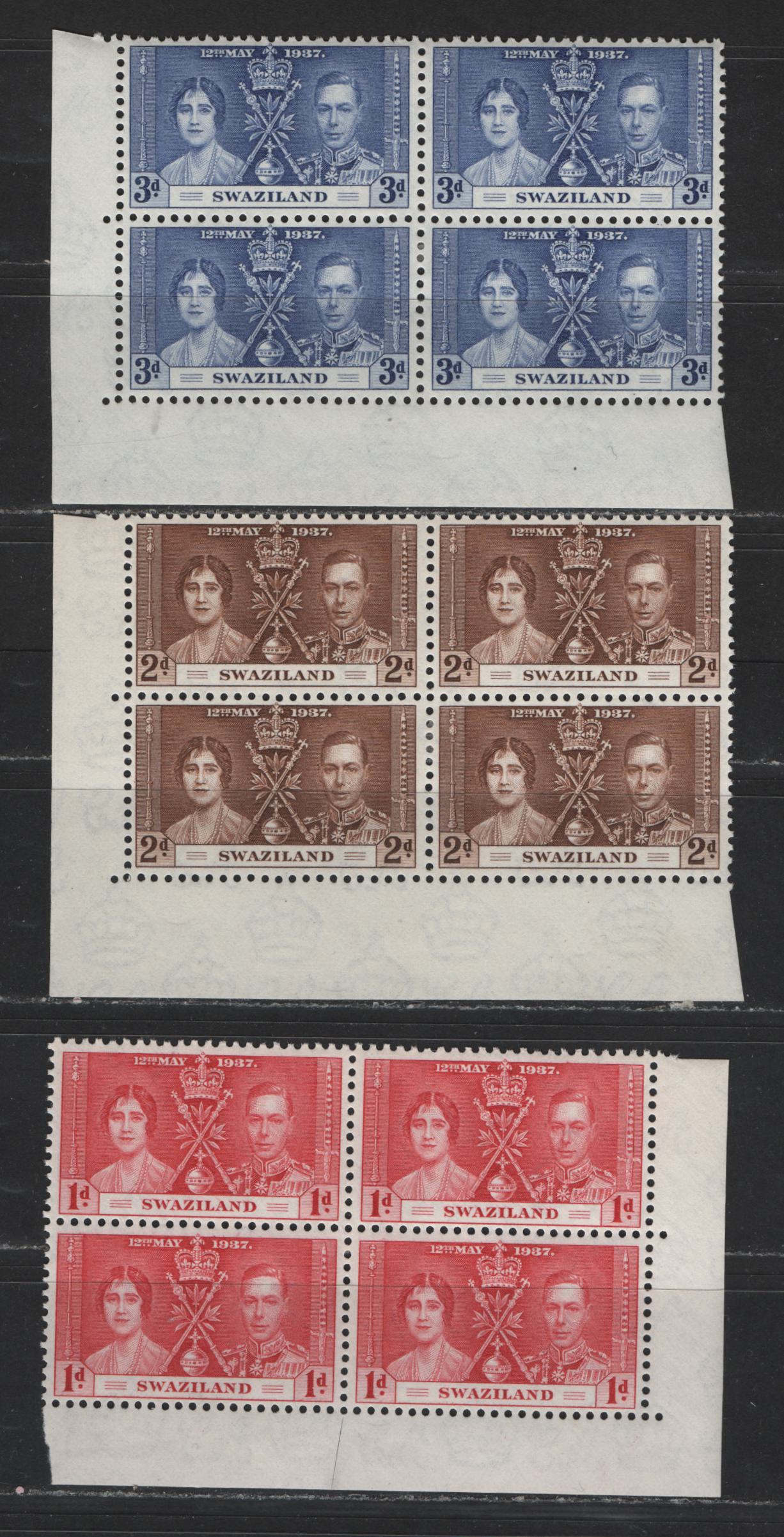 Lot 538 Swaziland #24-26 1d-3d Carmine - Dull Ultramarine King George VI & Queen Elizabeth, 1937 Coronation Issue, 3 VFOG/NH Corner Blocks Scarce, As Most Were Broken Up