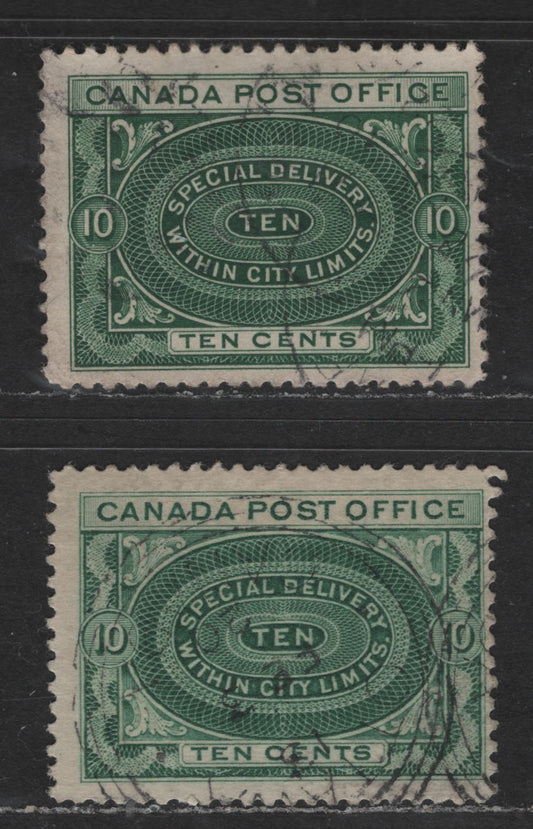 Canada #E1b, E1ii 10c Dark Yellow Green & Green Engine Turned Pattern, 1898-1922 First Special Delivery Issue, 2 Fine Used Singles With and Without Fine Diagonal Shading In The Value Tablet
