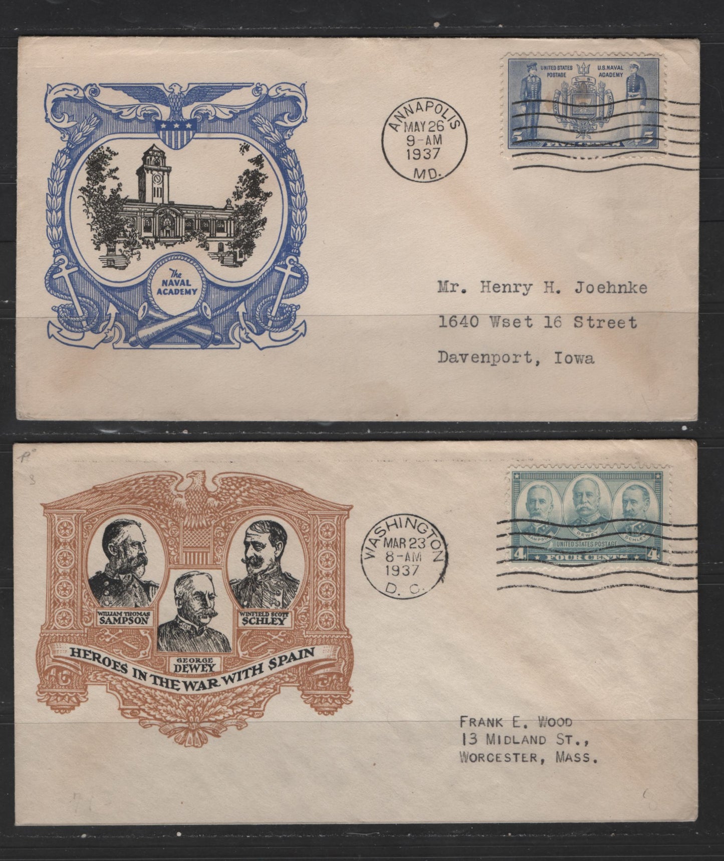 Lot 538 United States Of America #793-794 4c-5c Grey & Ultramarine Admirals & Navy Seal & Midshipmen, 1937 Navy Issue, 2 Fine First Day Covers Addressed, Small Internal Crease Affecting 4c Stamp & Small Stain on 5c Stamp