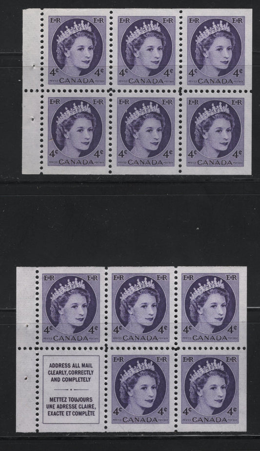 Canada #340a, 340b 4c Bright Violet Queen Elizabeth II, 1954-1962 Wilding Issue, 2 VFNH Booklet Panes Of 5 + Label & 6 On DF1 Greyish Horizontal Ribbed Paper, With Semi-Gloss Yellowish Gum, 16 mm Between Staple Holes