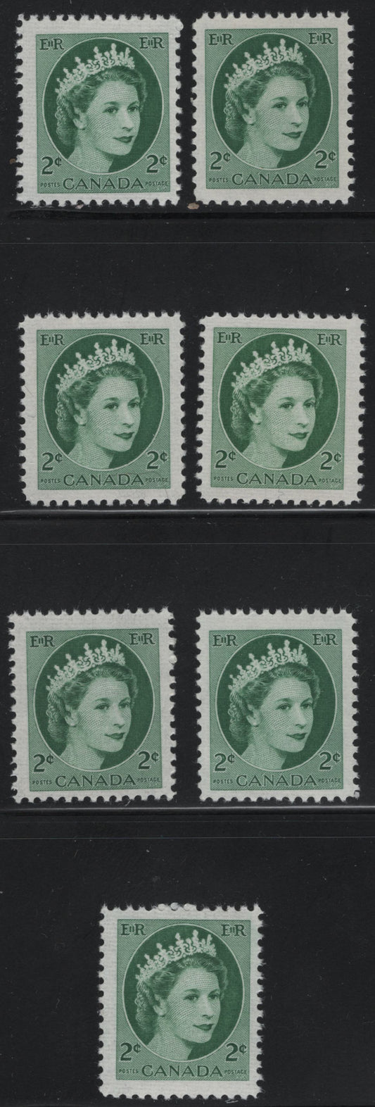 Lot 540 Canada #338 2c Green & Lighter Green Queen Elizabeth II, 1954-1962 Wilding Issue, 7 Fine & VFNH Singles On DF2 Bluish White Ribbed/Ribbed Paper, Smooth & Streaky Semi-Gloss Gums