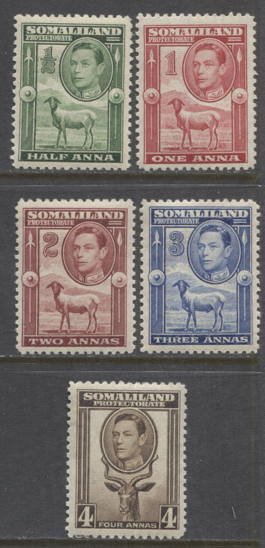 Lot 52 Somaliland Protectorate SG#93-97, 1938 Pictorial Issue, A Partial VFNH Set to 4A, Perf 12.5, Mult Script CA WMK, 2022 Scott Classic Cat. $31.40 USD