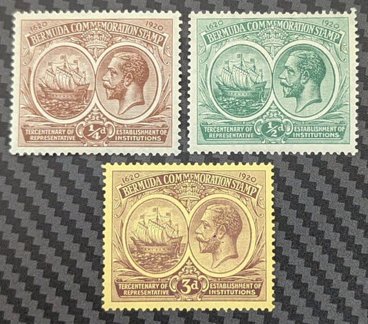 Lot 54 Bermuda SG#59-60, 62 1/4d- 3d Brown - Dull & Deep Purple on Pale Yellow King George V & Caravel, 1920 Tercentenary of Representative Institutions Issue, 3 F/VFOG Singles