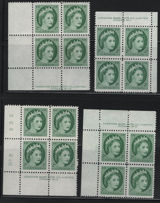 Lot 541 Canada #338iv 2c Green Queen Elizabeth II, 1954-1962 Wilding Issue, 4 VFNH & OG LL Plate 3 & 14 And UR Plate 7n-8 Blocks Of 4 On Various DF2 Papers, Including Ribbed/Smooth, Ribbed/Ribbed, Smooth/Smooth & Horizontal Wove