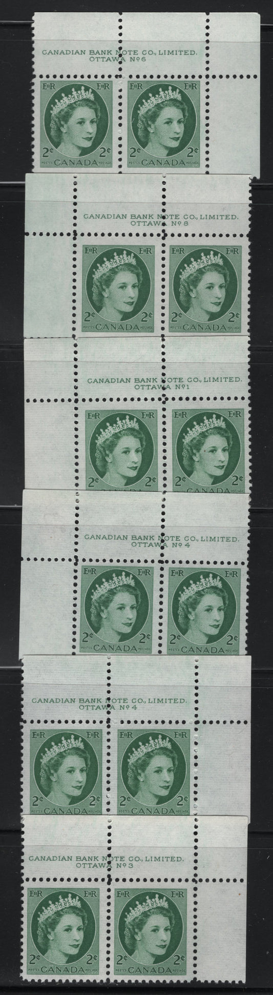 Lot 542 Canada #338 2c Green Queen Elizabeth II, 1954-1962 Wilding Issue, 6 Fine & VFNH & VFOG Plate 1, 3, 4, 6 & 8 Pairs On DF2 Greyish Smooth/Ribbed & Ribbed/Ribbed Papers, Streaky & Smooth Semi-Gloss Gums