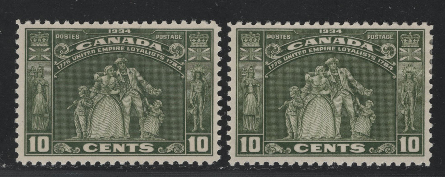 Canada #209 10c Light Olive Green & Olive Green Loyalists Statue, 1934 United Empire Loyalists Issue, 2 VFOG Singles With Satin Cream Gum