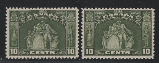 Canada #209 10c Light Olive Green & Olive Green Loyalists Statue, 1934 United Empire Loyalists Issue, 2 VFOG Singles With Satin Cream Gum