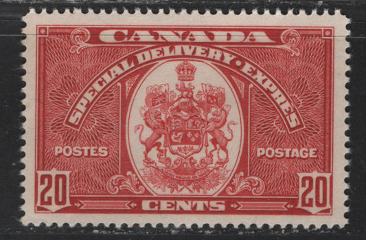 Lot 543 Canada #E8 20c Carmine Red Coat Of Arms, 1938-1942 Mufti Issue Special Delivery, A VFOG Single Crisp Vertical Wove Paper With Semi-Gloss Cream Gum