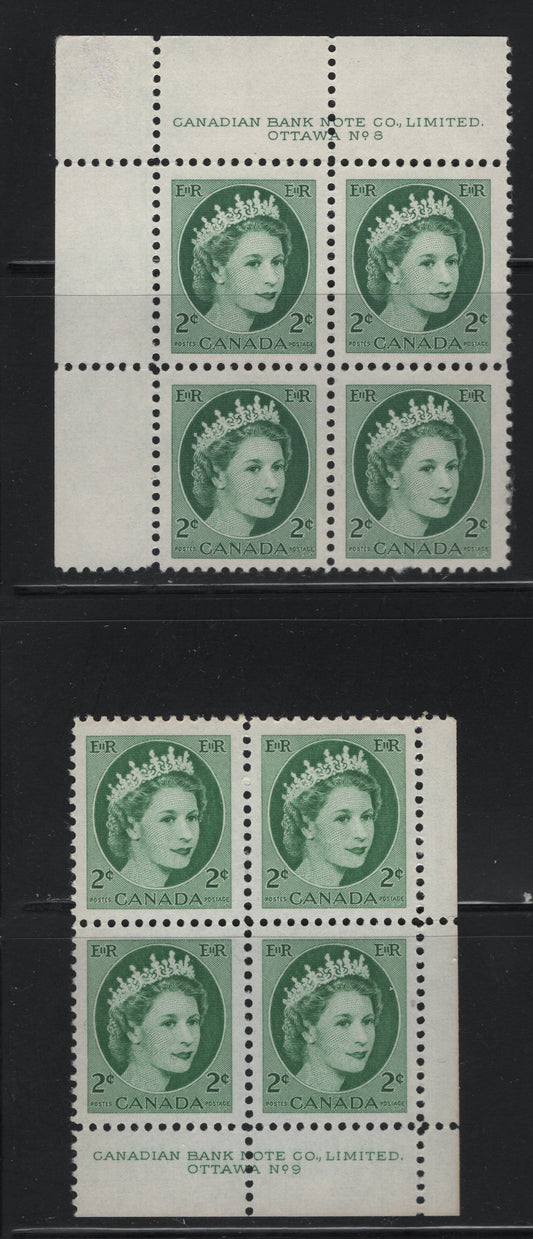 Lot 544 Canada #338 2c Green & Light Green Queen Elizabeth II, 1954-1962 Wilding Issue, 2 VFNH UL Plate 8 & LR Plate 9n Blocks Of 4 On DF2 Ivory Smooth/Smooth Paper