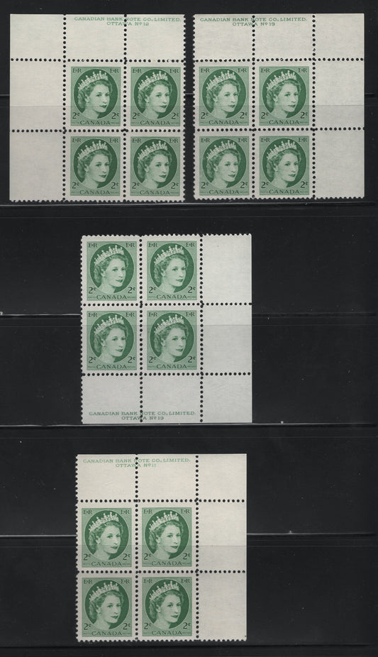 Lot 545 Canada #338 2c Light Green & Bright Green Queen Elizabeth II, 1954-1962 Wilding Issue, 4 VFNH UR Plate 11 & 19, UL Plate 12 & LR Plate 19 Blocks Of 4 On DF2 Ivory Paper, With & Without Vertical Ribbing, Streaky & Smooth Semi-Gloss Gum